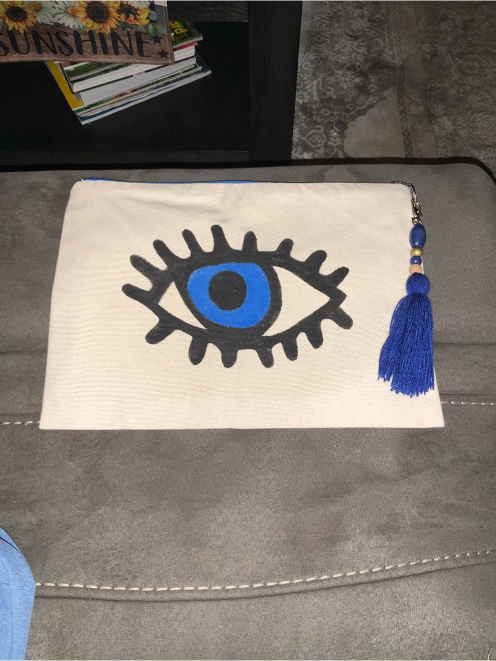 Canvas Evil Eye Print Good Luck Cosmetic Pouch with Blue Tassel